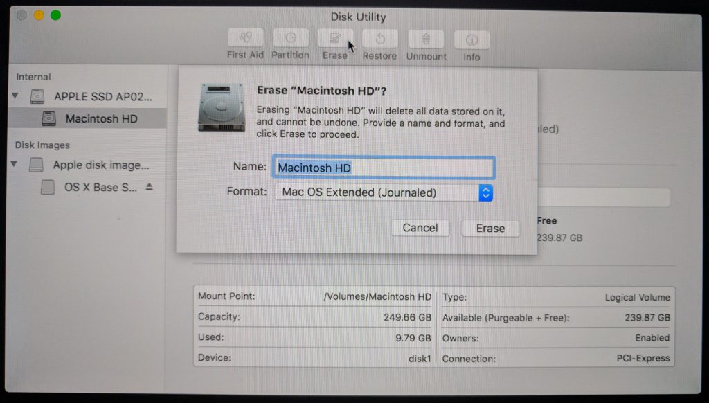 Disk Utilities > Erase hard-drive