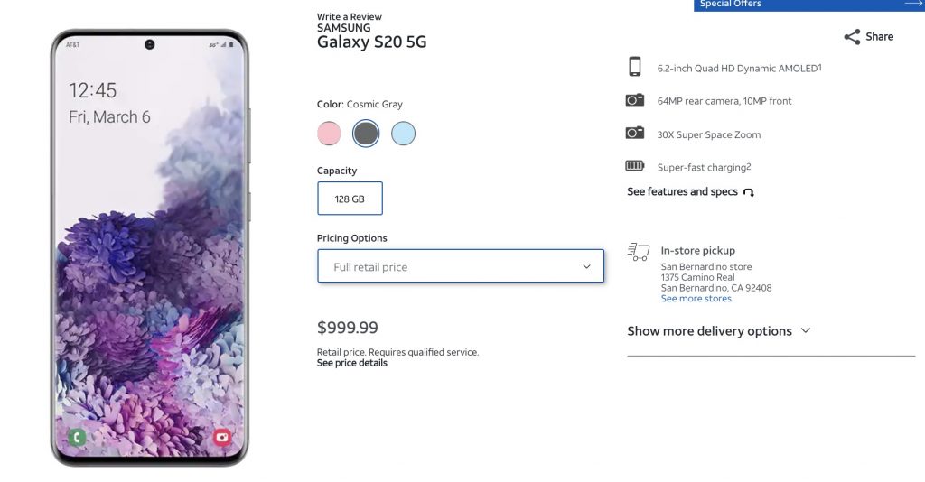Current price for the Samsung Galaxy S20 5G at AT&T.