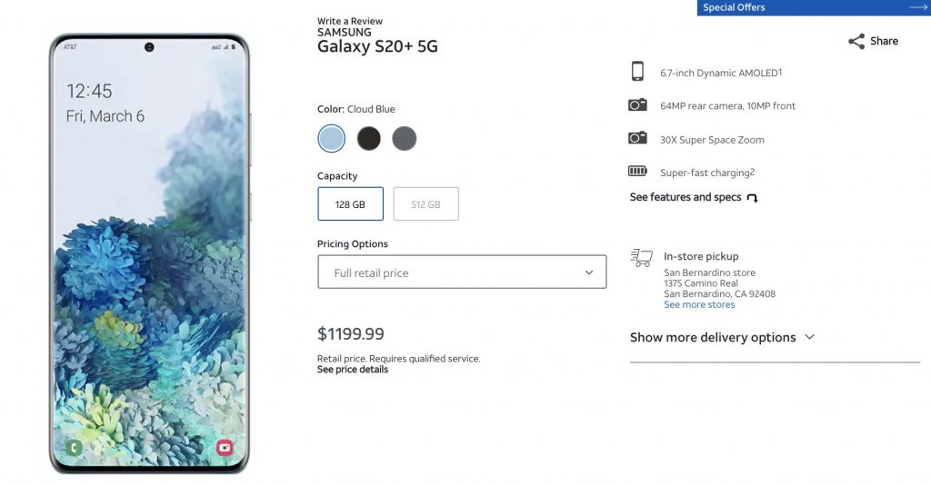 Current price for the Samsung Galaxy S20+ 5G at AT&T.