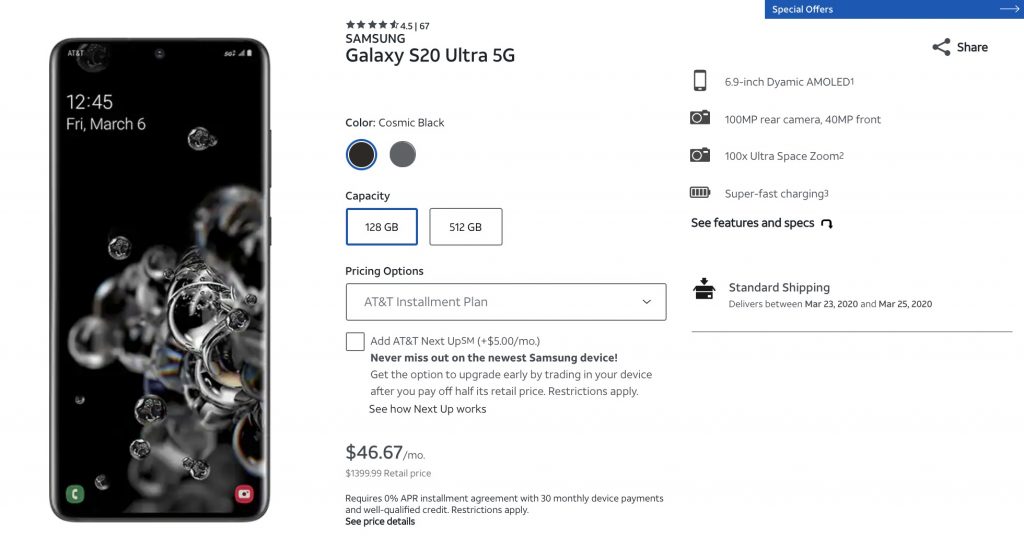 Current price for the Samsung Galaxy S20 Ultra 5G at AT&T. 
