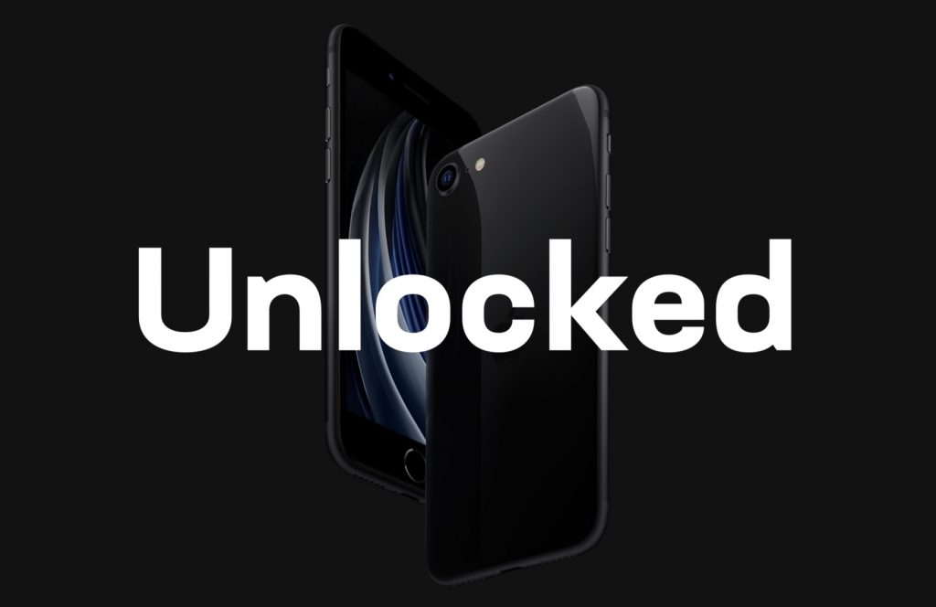Unlocked iPhone SE 2020 on a black background.