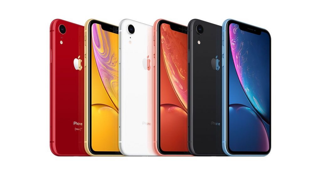 iPhone XR colors shown in red, yellow, white, coral, black and blue. 