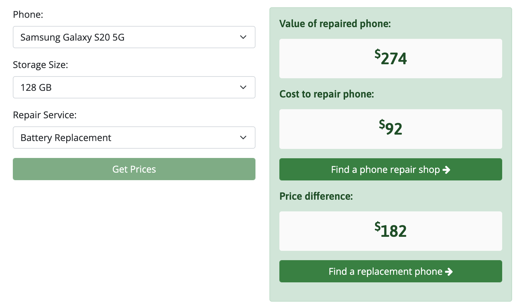 Swappa Repair Network Calculator showing the Battery Replacement cost for a Samsung Galaxy S20 5G