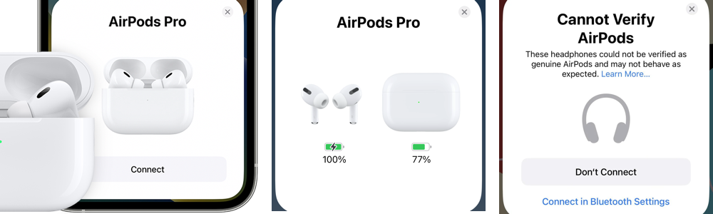 Apple AirPods Status Messages for Connect, Connected (Battery Status), and Cannot Verify AirPods